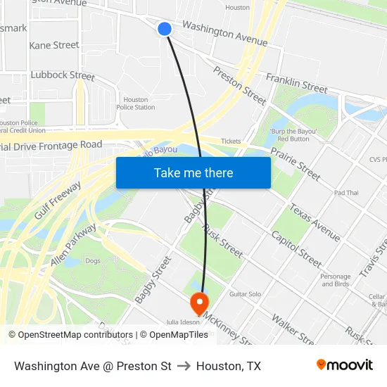 Washington Ave @ Preston St to Houston, TX map