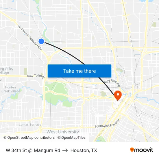 W 34th St @ Mangum Rd to Houston, TX map