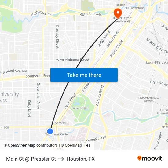 Main St @ Pressler St to Houston, TX map
