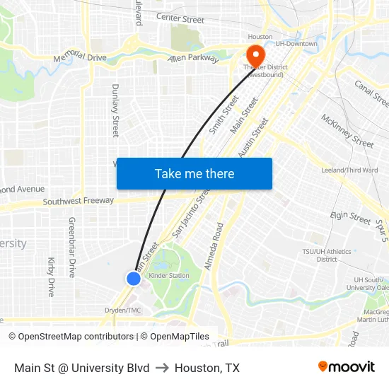 Main St @ University Blvd to Houston, TX map