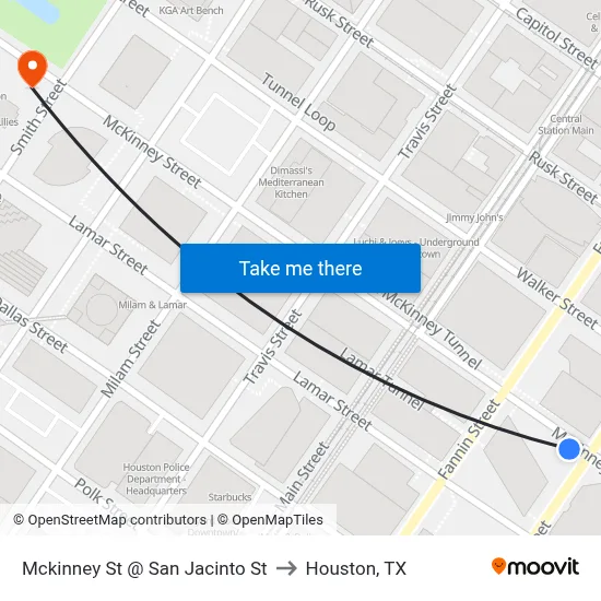 Mckinney St @ San Jacinto St to Houston, TX map