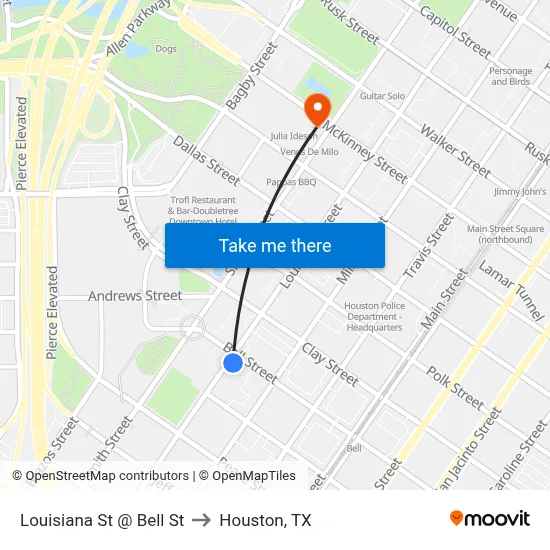 Louisiana St @ Bell St to Houston, TX map
