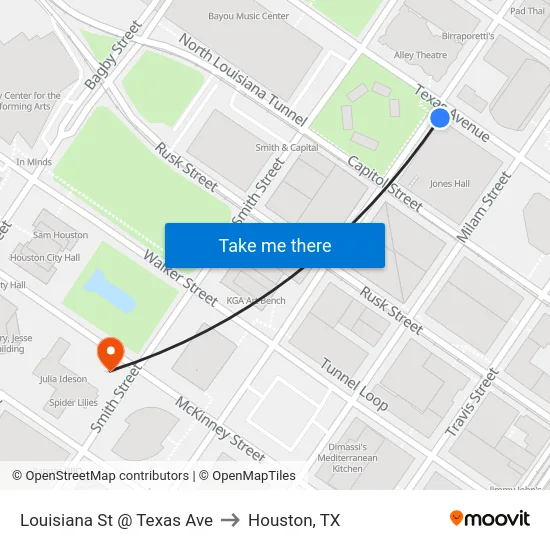 Louisiana St @ Texas Ave to Houston, TX map