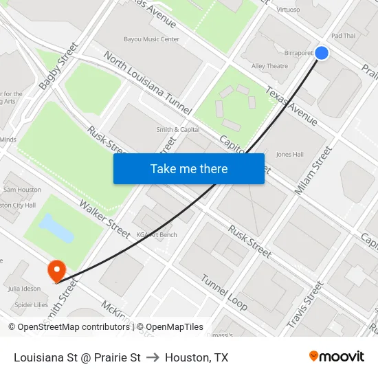 Louisiana St @ Prairie St to Houston, TX map