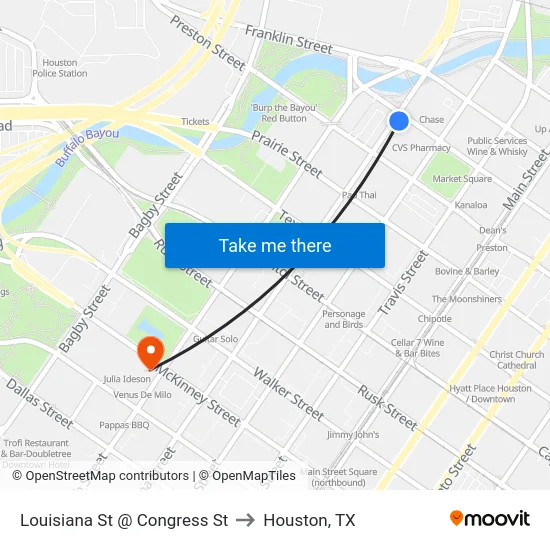 Louisiana St @ Congress St to Houston, TX map