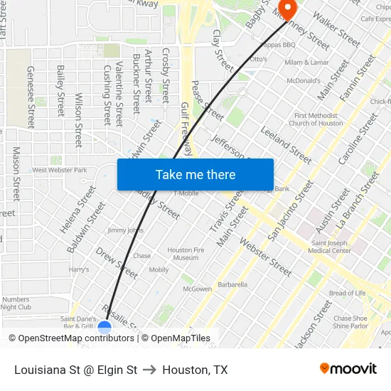 Louisiana St @ Elgin St to Houston, TX map