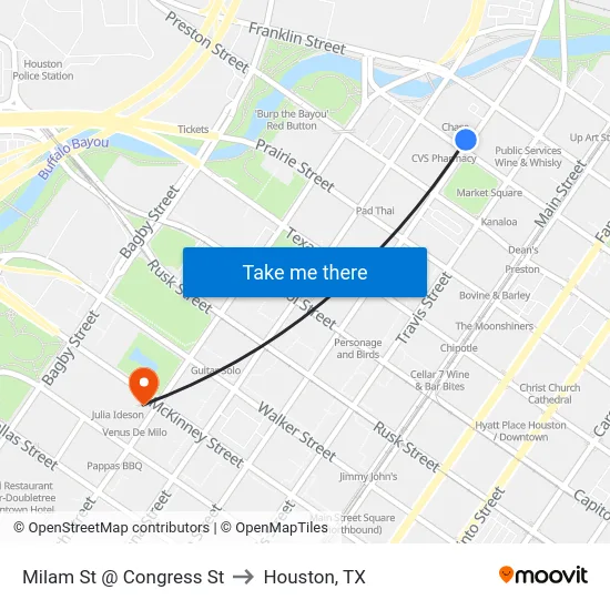 Milam St @ Congress St to Houston, TX map