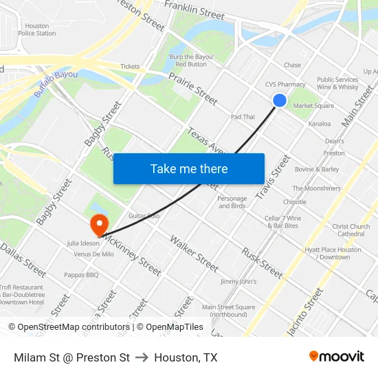 Milam St @ Preston St to Houston, TX map