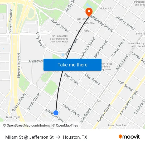 Milam St @ Jefferson St to Houston, TX map