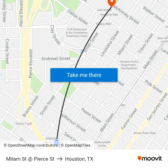 Milam St @ Pierce St to Houston, TX map