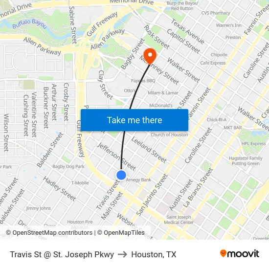 Travis St @ St. Joseph Pkwy to Houston, TX map