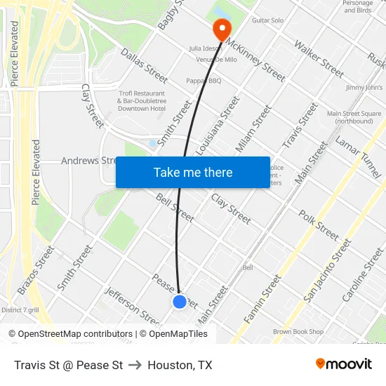Travis St @ Pease St to Houston, TX map
