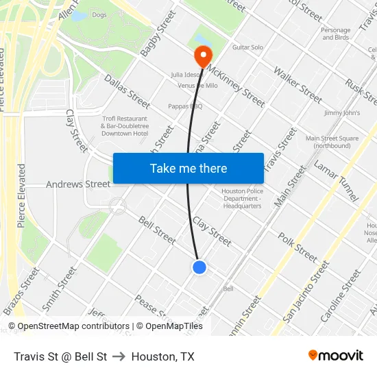 Travis St @ Bell St to Houston, TX map