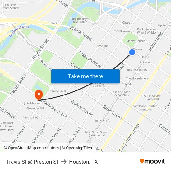 Travis St @ Preston St to Houston, TX map