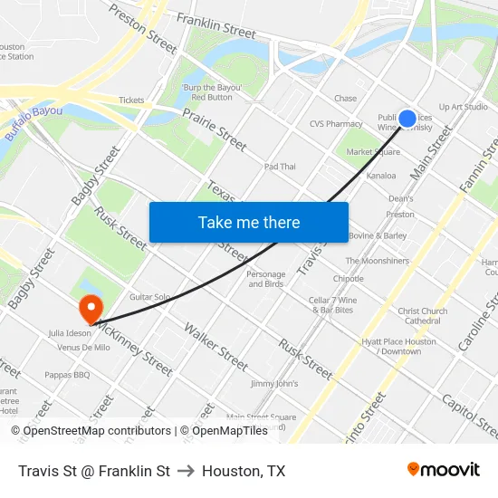 Travis St @ Franklin St to Houston, TX map