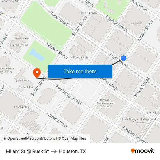 Milam St @ Rusk St to Houston, TX map