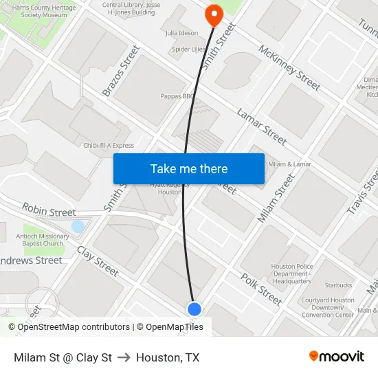 Milam St @ Clay St to Houston, TX map