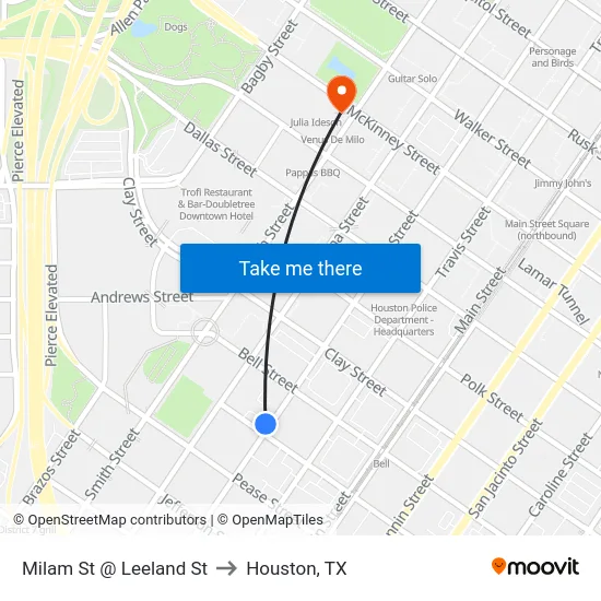 Milam St @ Leeland St to Houston, TX map