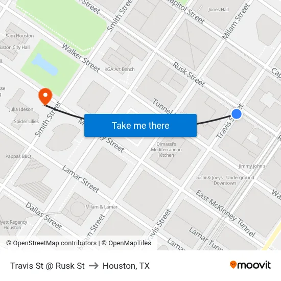Travis St @ Rusk St to Houston, TX map