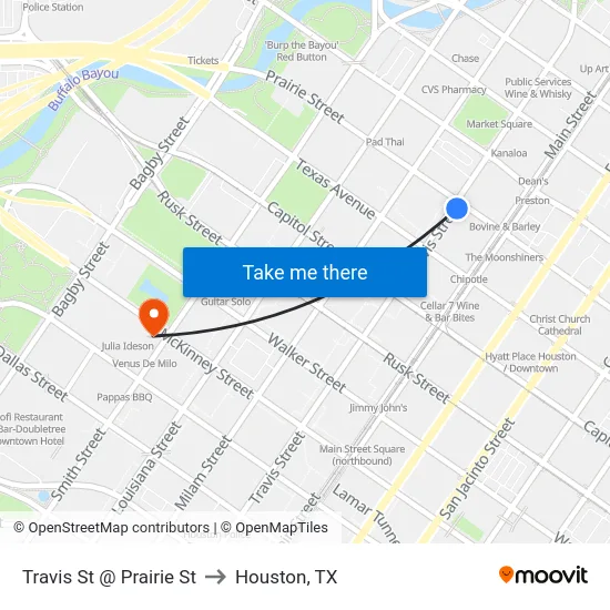 Travis St @ Prairie St to Houston, TX map