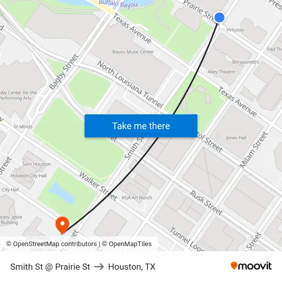 Smith St @ Prairie St to Houston, TX map