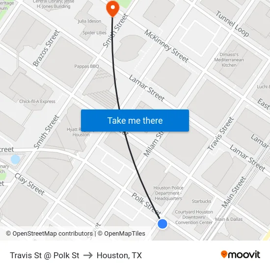 Travis St @ Polk St to Houston, TX map