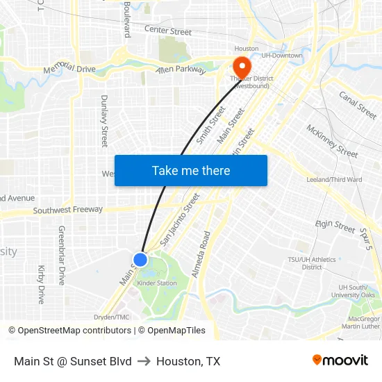 Main St @ Sunset Blvd to Houston, TX map
