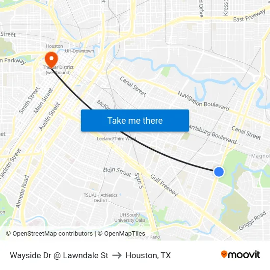 Wayside Dr @ Lawndale St to Houston, TX map