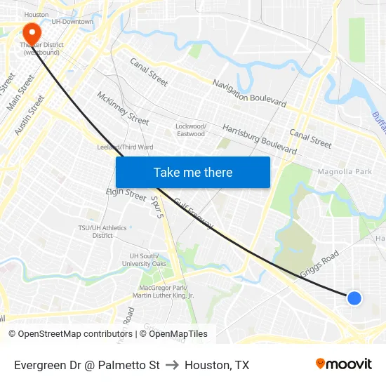 Evergreen Dr @ Palmetto St to Houston, TX map