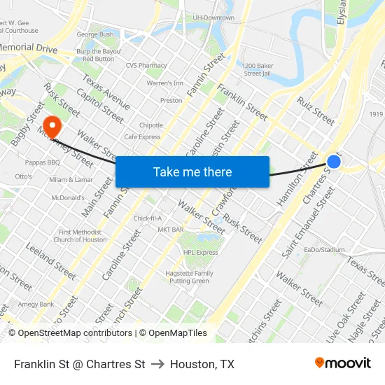 Franklin St @ Chartres St to Houston, TX map