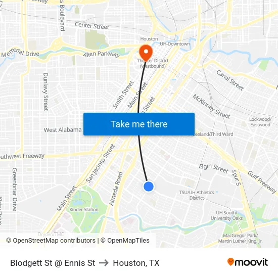 Blodgett St @ Ennis St to Houston, TX map