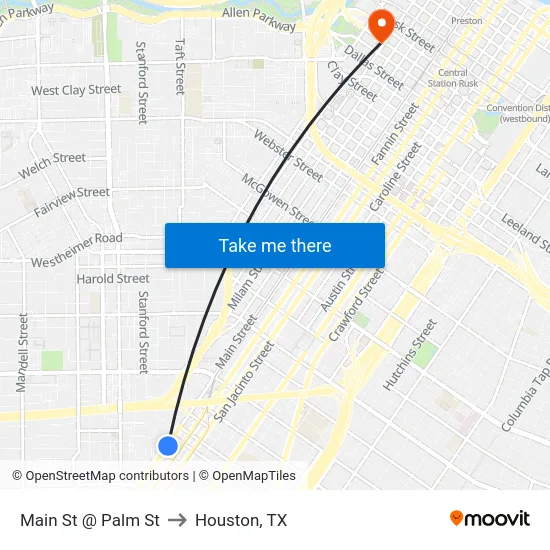 Main St @ Palm St to Houston, TX map