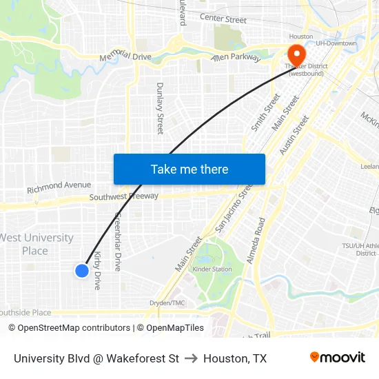 University Blvd @ Wakeforest St to Houston, TX map