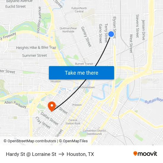 Hardy St @ Lorraine St to Houston, TX map