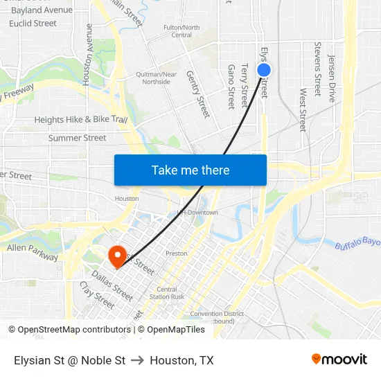 Elysian St @ Noble St to Houston, TX map