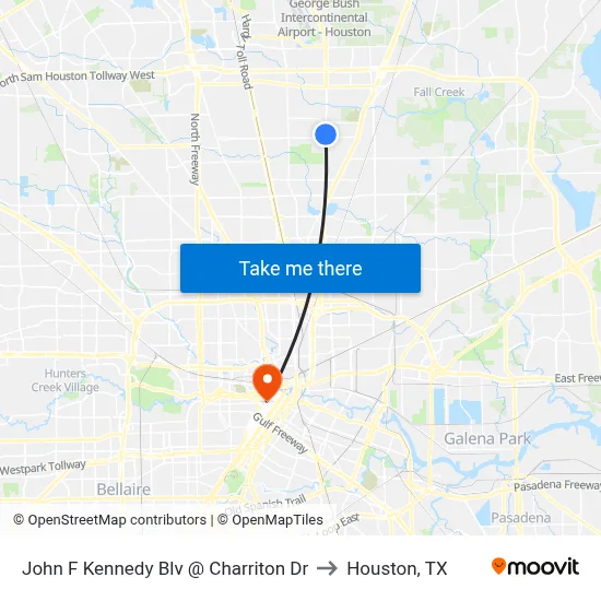 John F Kennedy Blv @ Charriton Dr to Houston, TX map