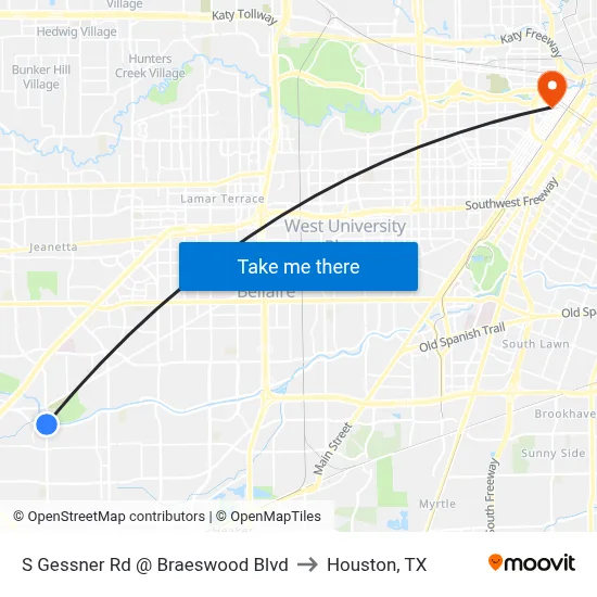 S Gessner Rd @ Braeswood Blvd to Houston, TX map