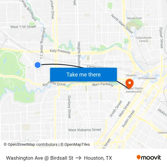 Washington Ave @ Birdsall St to Houston, TX map