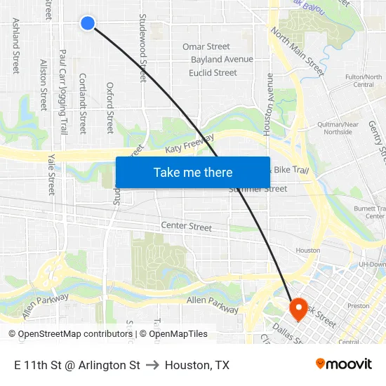 E 11th St @ Arlington St to Houston, TX map