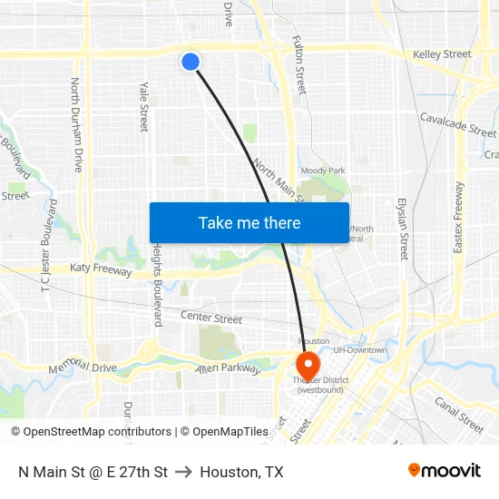 N Main St @ E 27th St to Houston, TX map