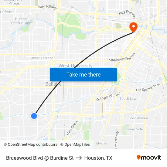 Braeswood Blvd @ Burdine St to Houston, TX map