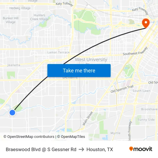 Braeswood Blvd @ S Gessner Rd to Houston, TX map