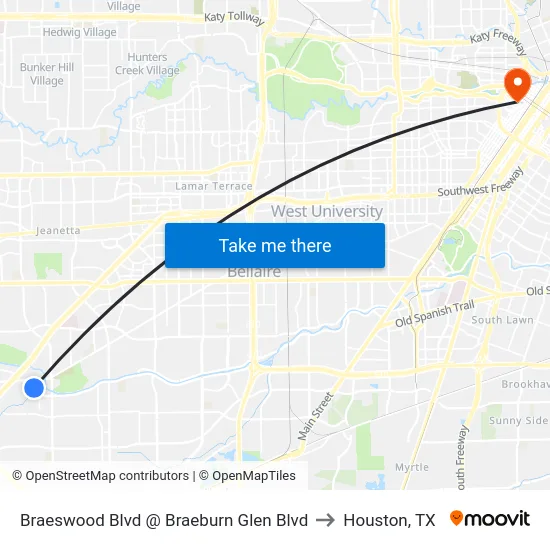 Braeswood Blvd @ Braeburn Glen Blvd to Houston, TX map