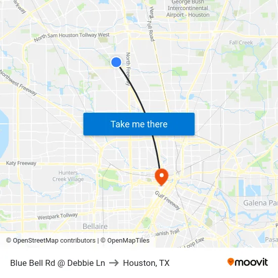 Blue Bell Rd @ Debbie Ln to Houston, TX map
