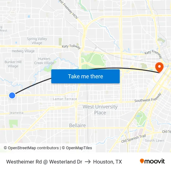 Westheimer Rd @ Westerland Dr to Houston, TX map