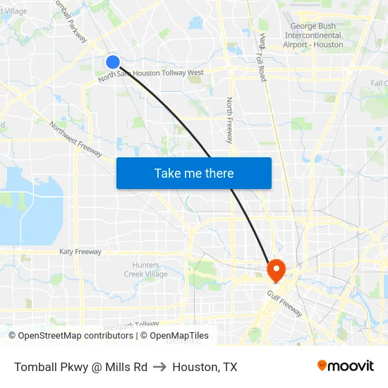 Tomball Pkwy @ Mills Rd to Houston, TX map