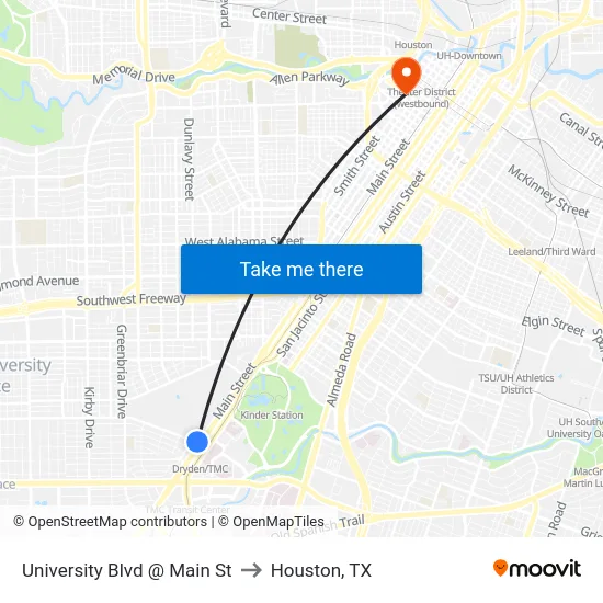University Blvd @ Main St to Houston, TX map