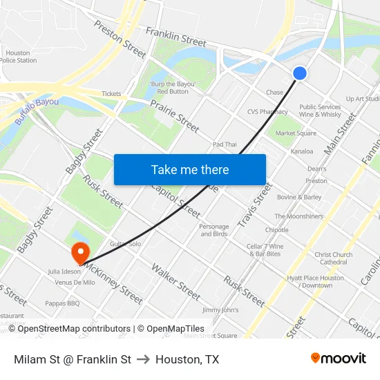 Milam St @ Franklin St to Houston, TX map