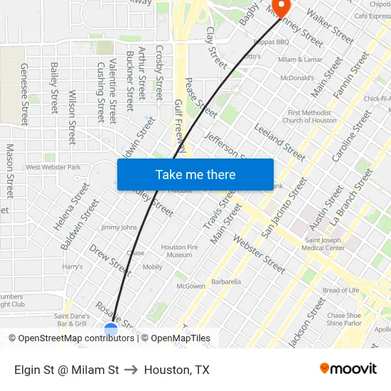 Elgin St @ Milam St to Houston, TX map