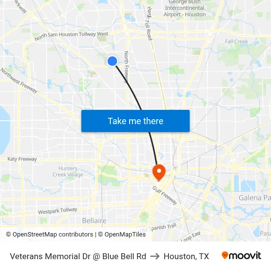 Veterans Memorial Dr @ Blue Bell Rd to Houston, TX map